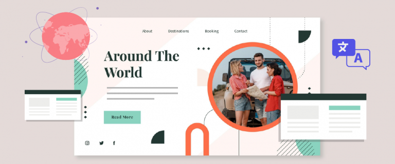 A travel website design with a global theme. A group of people on a trip.