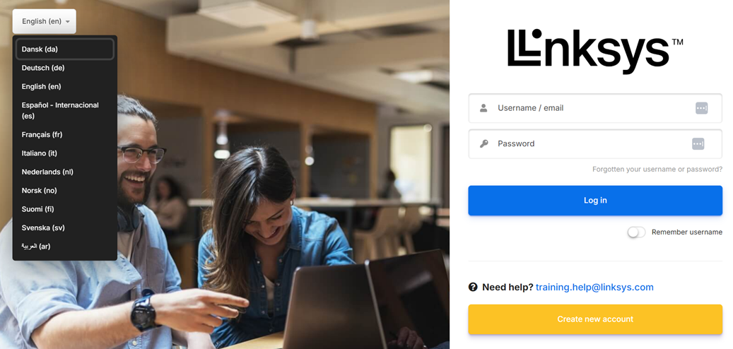 Linksys router login page. People using a laptop.