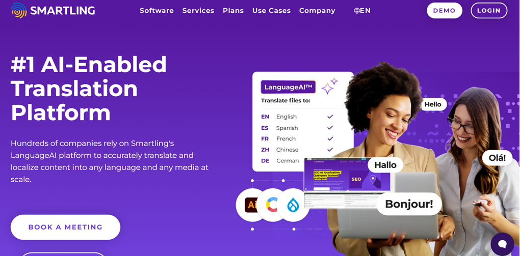 Two women using a laptop with translation software. The platform offers AI-enabled translation services.