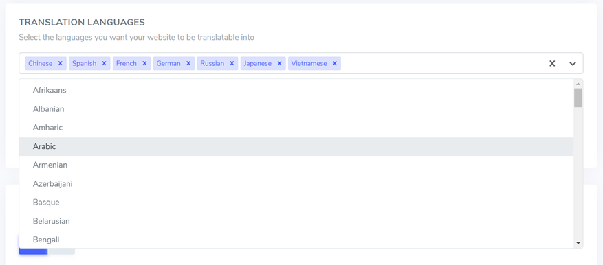 Dropdown menu for selecting translation languages