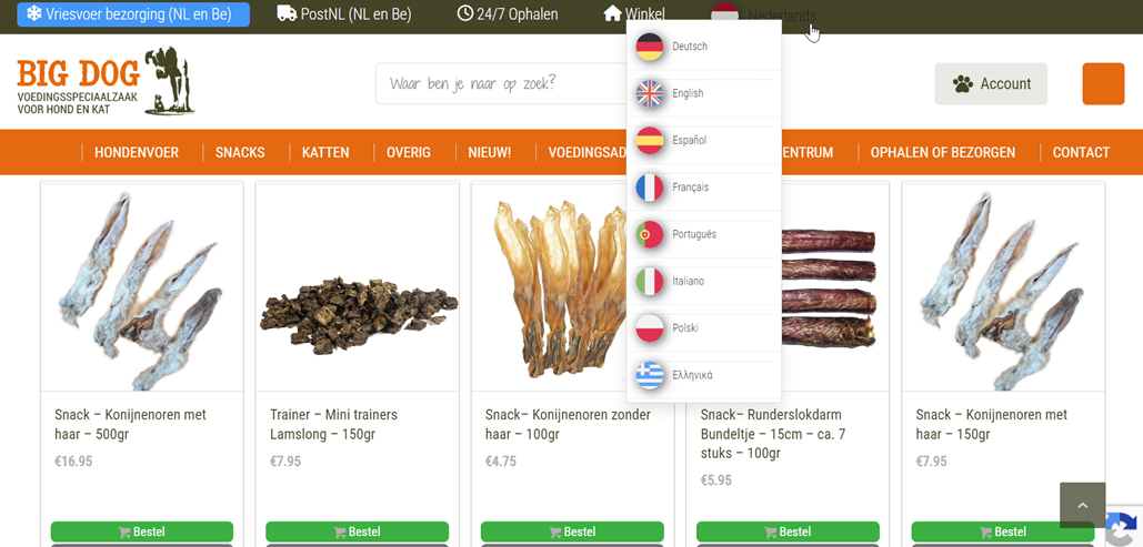 Snack dog food products on Big Dog website. Various snack options for dogs.