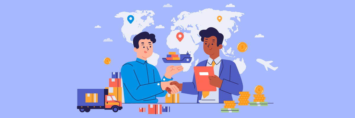 Two men exchanging packages with a world map background. Global delivery and logistics.