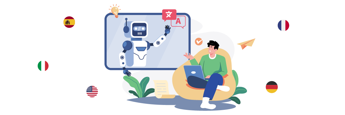 Man sitting with laptop and robot on screen. Flags of different countries around.