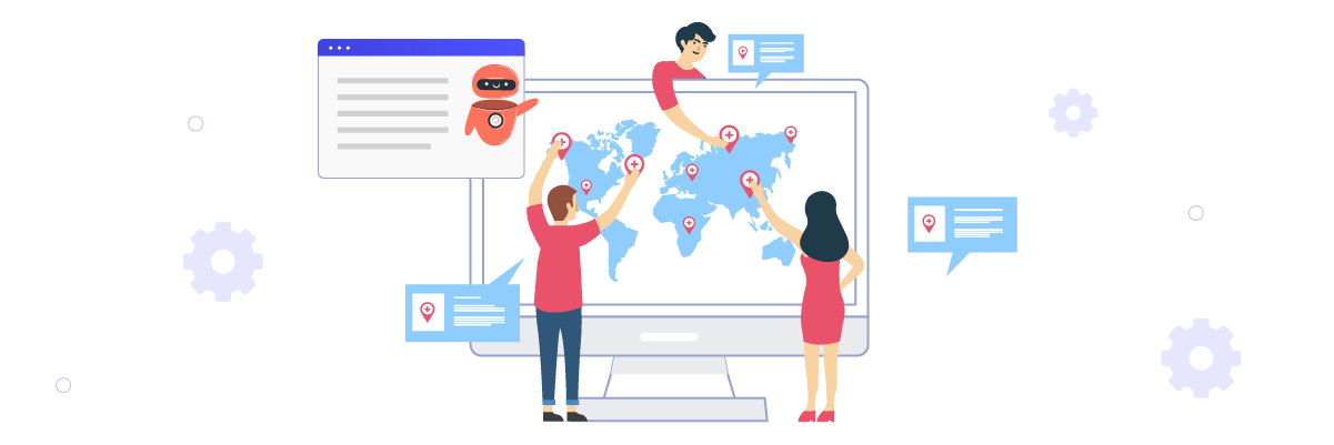 Illustration of people working together on a computer. They are using a large computer screen.