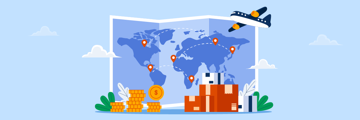 A world map with a plane, boxes, and coins