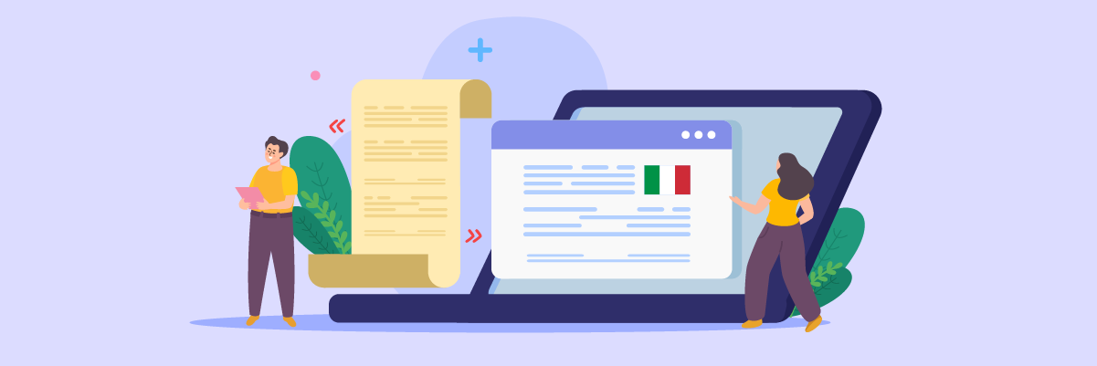 Two people standing next to a large laptop with an Italian webpage open. The webpage is displaying a document translation process.