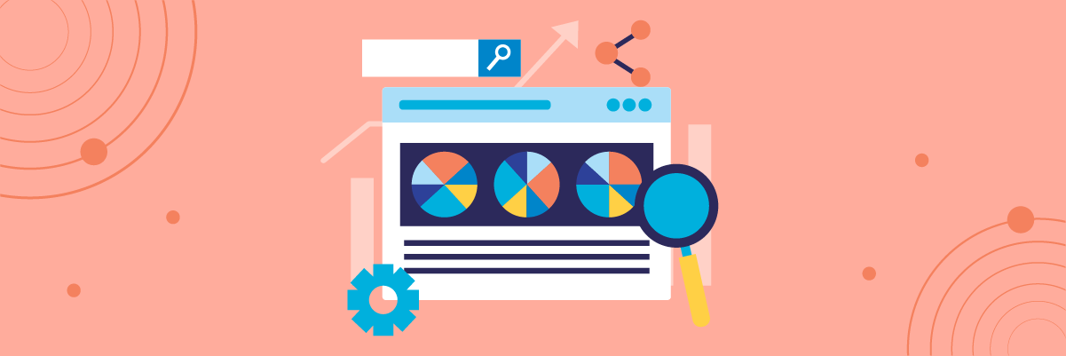 A browser window with a magnifying glass and colorful graphs. Web analytics concept.
