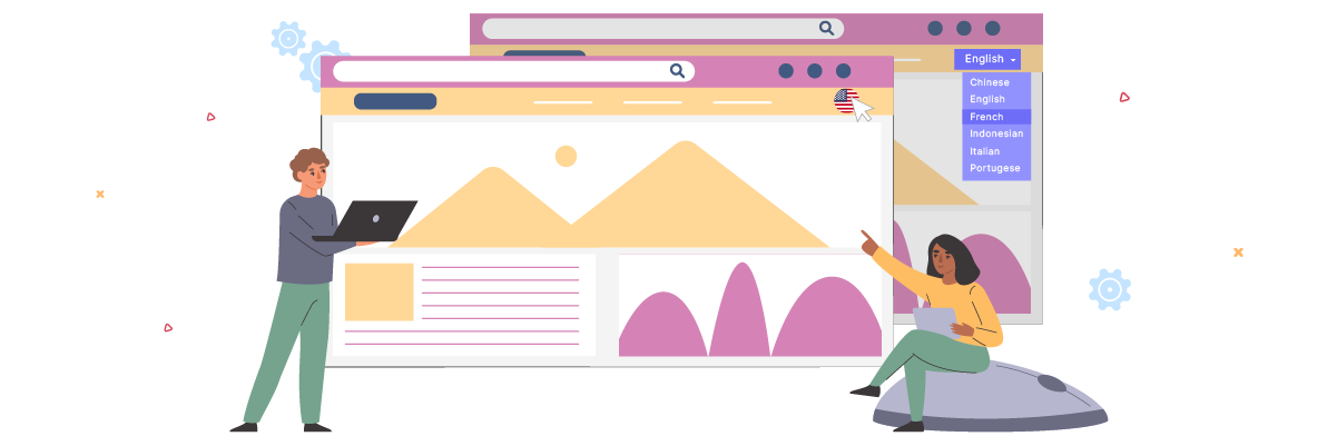 Two people engaging with a large browser window, one holding a laptop and the other pointing at the screen.