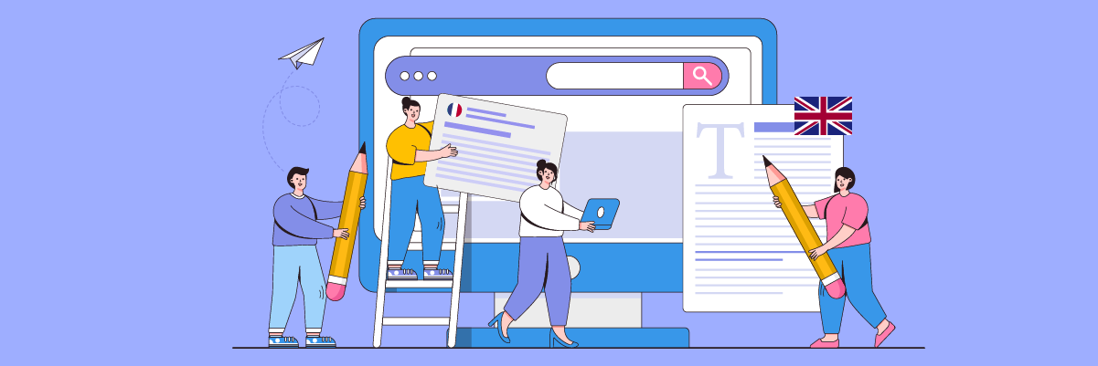 Four people working together to optimize a large search engine with a UK flag. They appear to be editing and improving the search results.