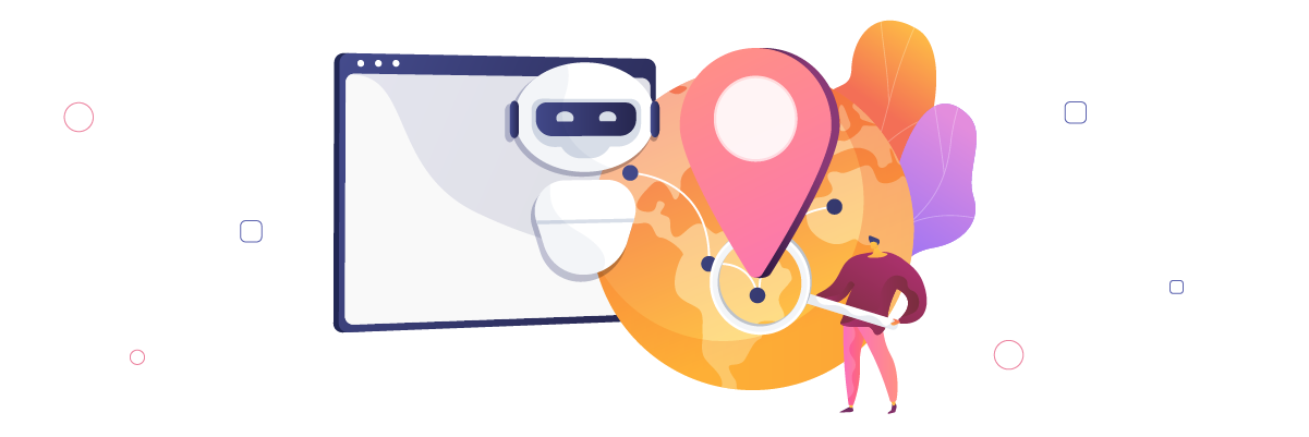 A robot and a map with a location pin. Illustration for website or application