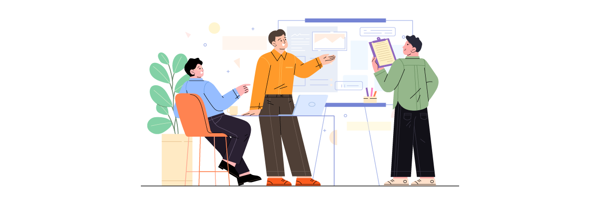 Three people working together on a project.