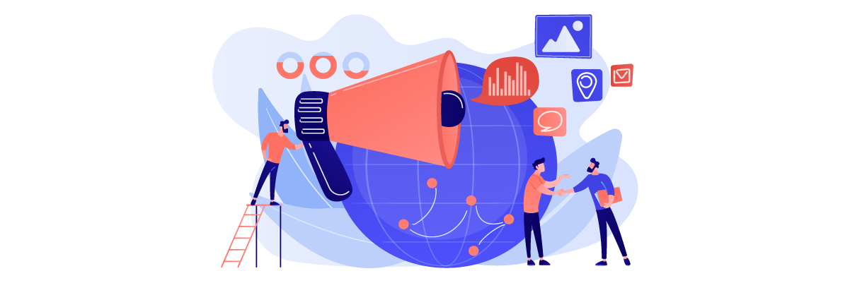 Three people working together on a megaphone with various icons around them. The scene represents teamwork and communication.
