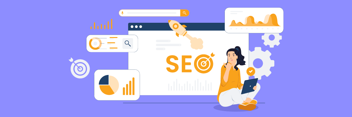 Woman working on laptop with SEO and data analysis. Optimizing website for search engines.