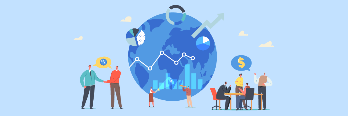 People working together around a large blue globe with financial symbols.