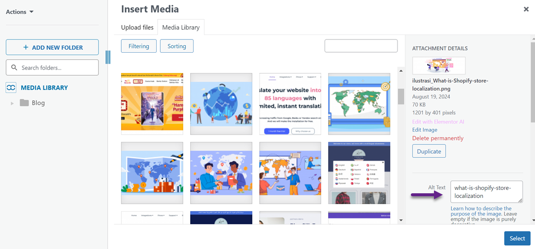 Insert media options and library to add images.
