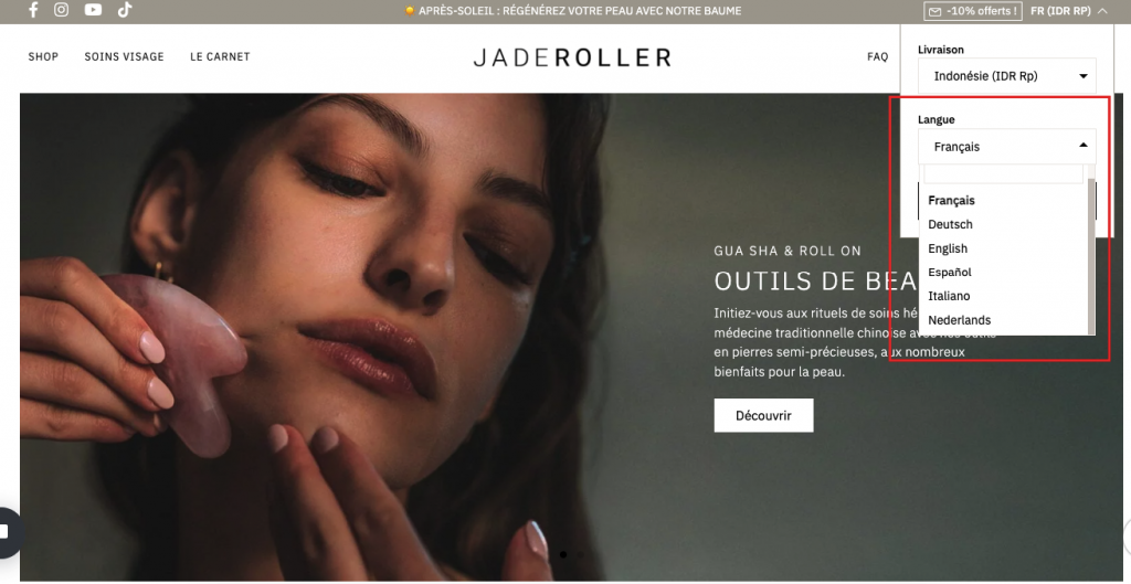A screenshot of the Jaderoller website showing a menu and a woman using a jade roller.