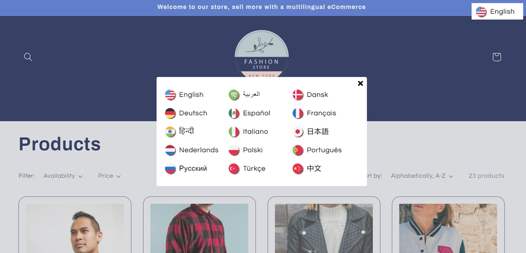Multilingual e-commerce website with product images