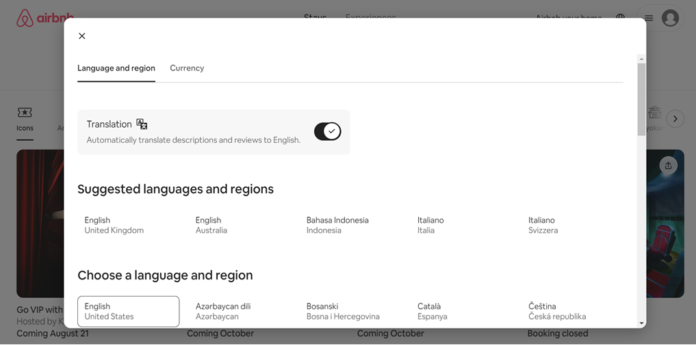 A dropdown menu for selecting language and region