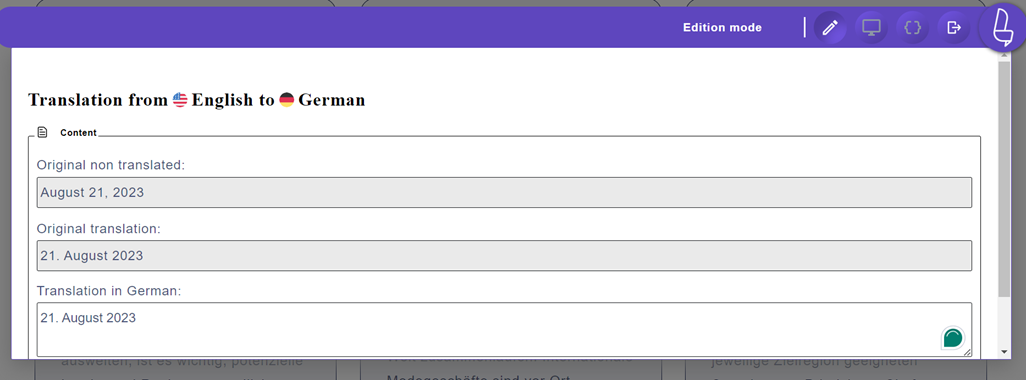 Screenshot of translation interface from English to German