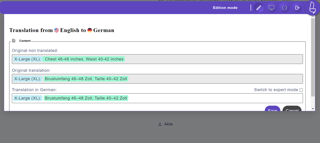 Online translation tool screenshot. English to German.