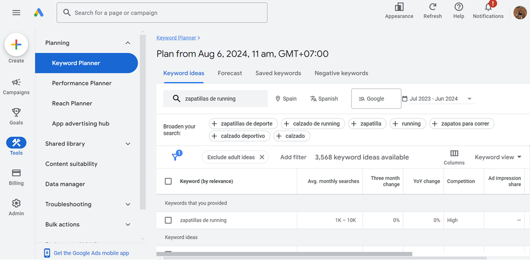 The Google Calendar interface with a planning menu