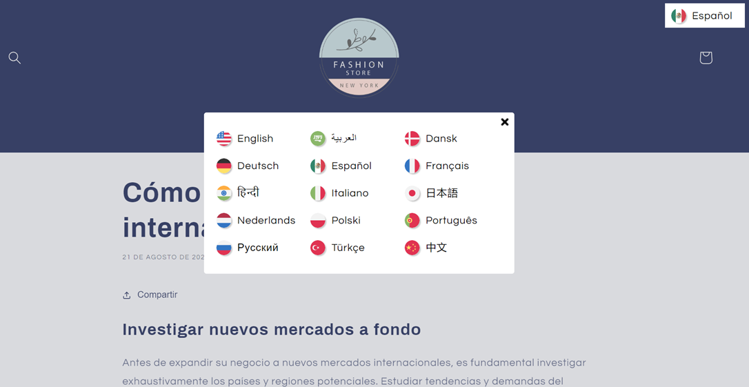 Dropdown menu showing various language options