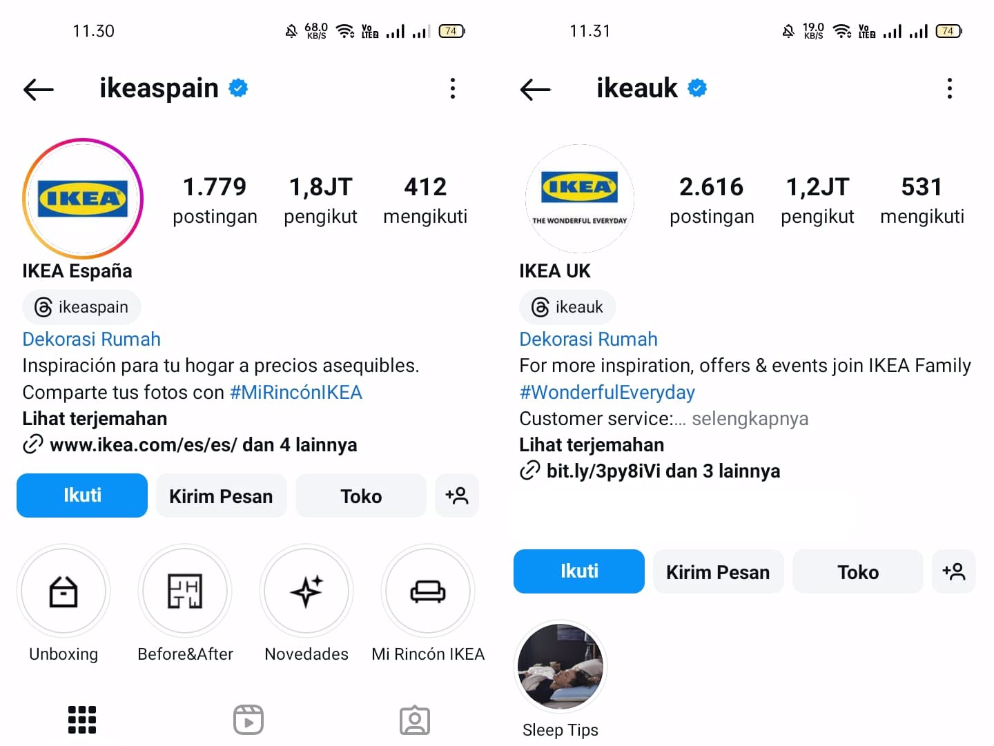 Screenshot of IKEA Spain and IKEA UK Instagram accounts. Both accounts have multiple followers and postings.