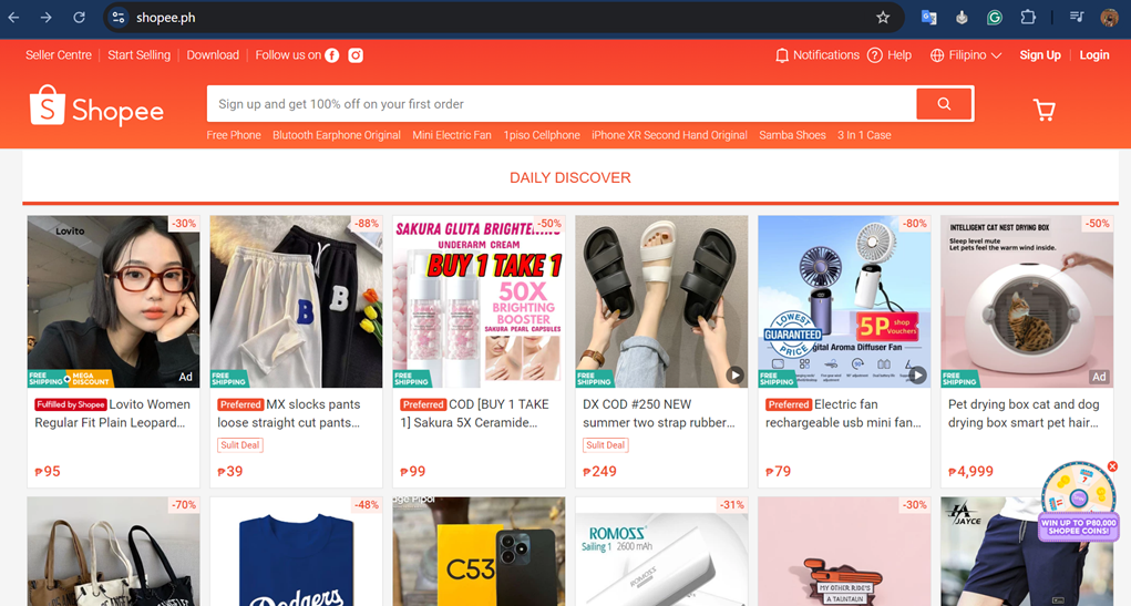 Shopee homepage with product images