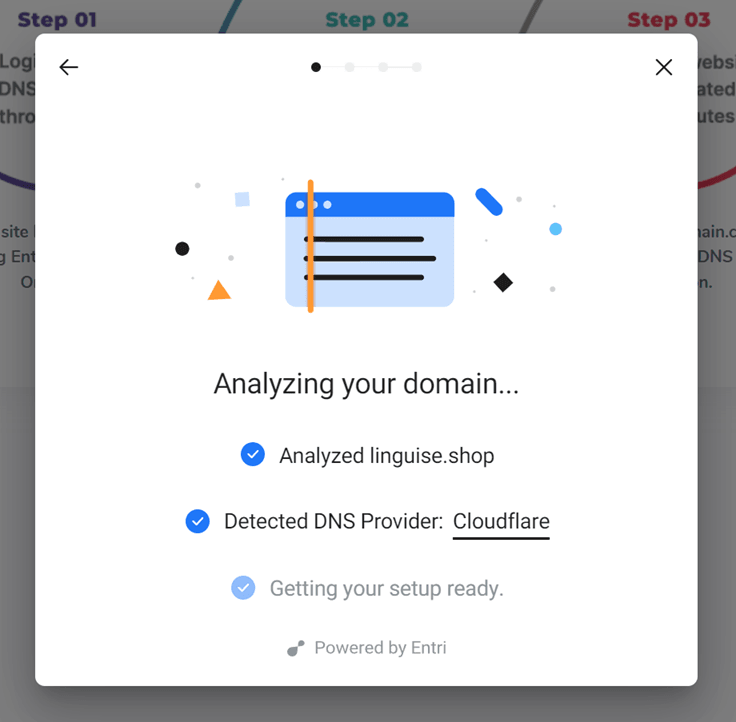 A progress screen showing domain analysis in progress. The screen indicates that the domain linguise.shop is being analyzed.
