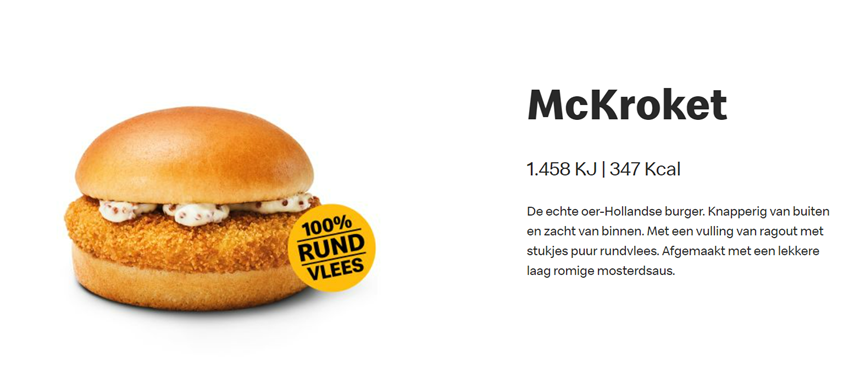 A McKroket sandwich on a white background, 100% pure meat