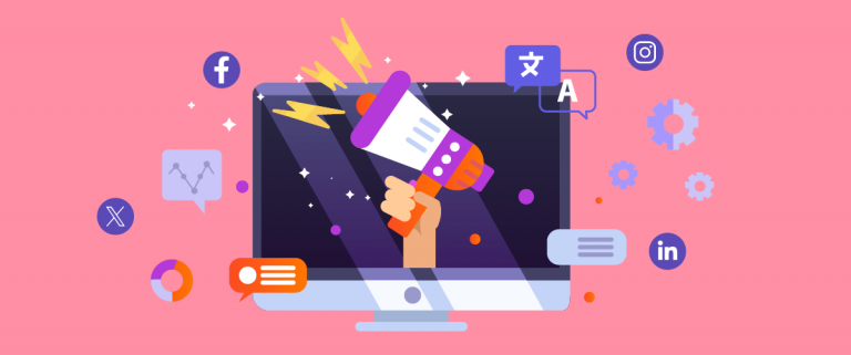 A colorful illustration of a megaphone on a laptop surrounded by social media icons.