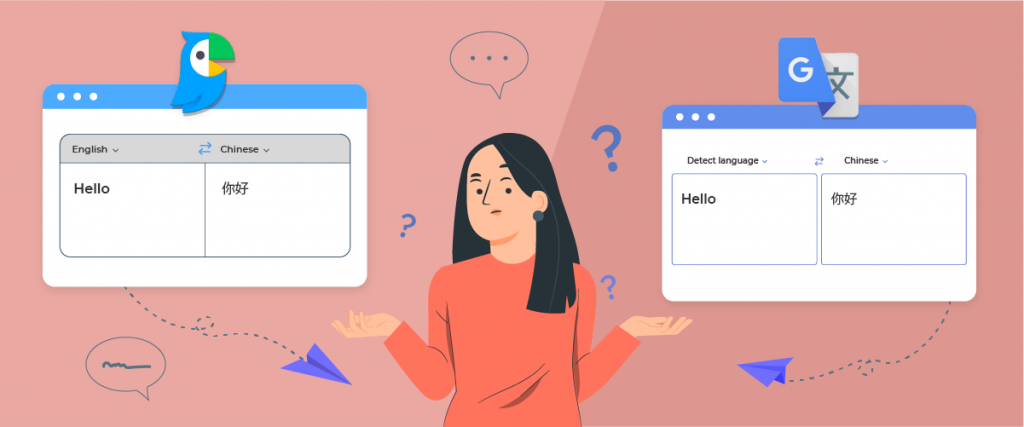 Uma mulher de camisa laranja parecendo confusa entre duas janelas de navegador, uma com o Google e a outra com o Bing.