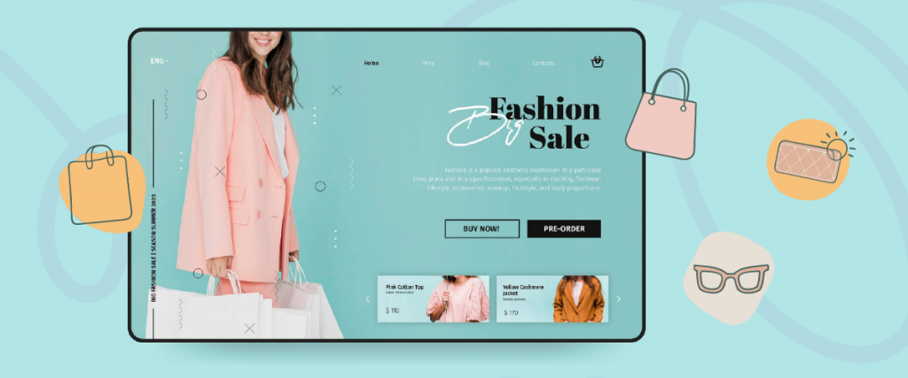Site de venda de moda em uma tela com ícones de compras.