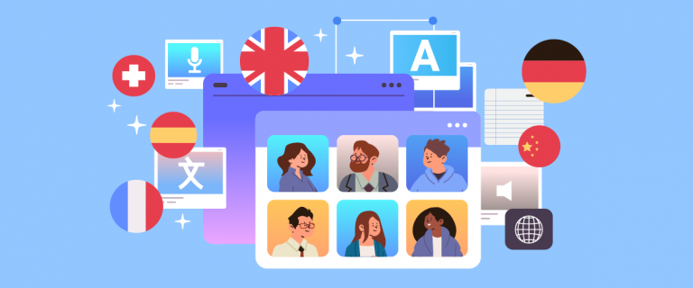 A digital illustration of a language translation platform with various country flags. The platform offers video conferencing and language learning tools.