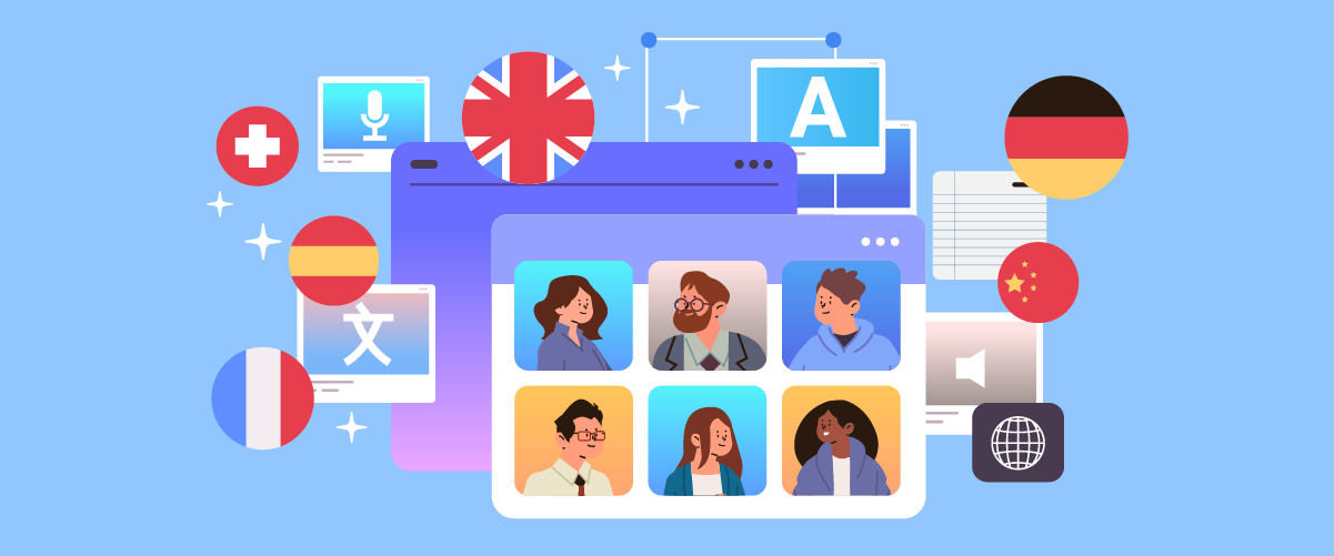 A digital illustration of a language translation platform with various country flags. The platform offers video conferencing and language learning tools.