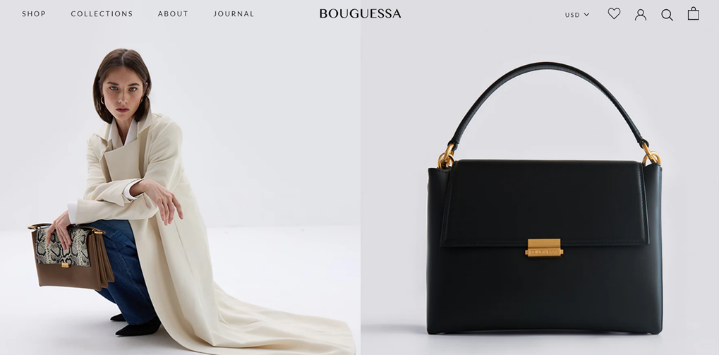 Woman in cream coat holding brown handbag. Black leather purse with gold clasp.