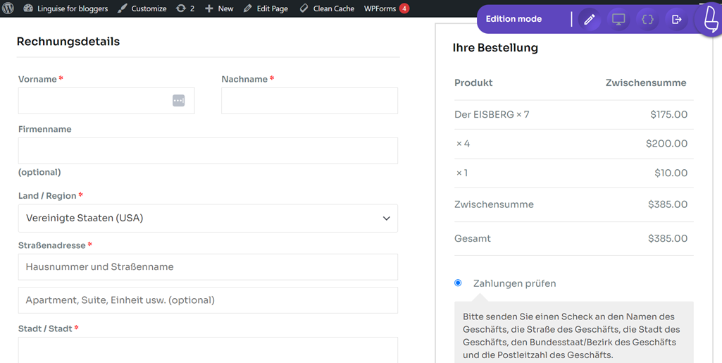 Rechnung details page with price information