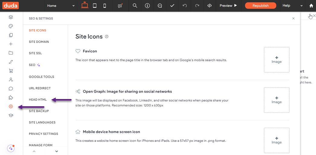 Settings page for managing site icons