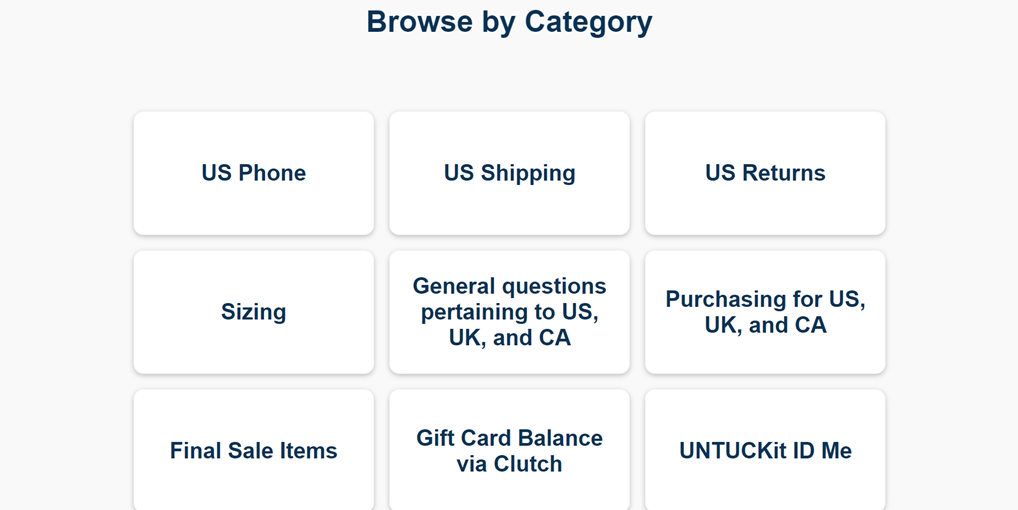 Customer support categories for phone, shipping, returns, sizing, and general questions.