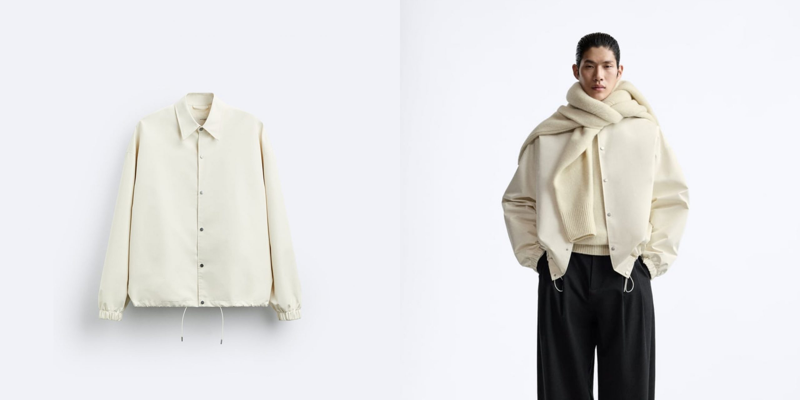 A cream jacket and a model wearing a cream sweater