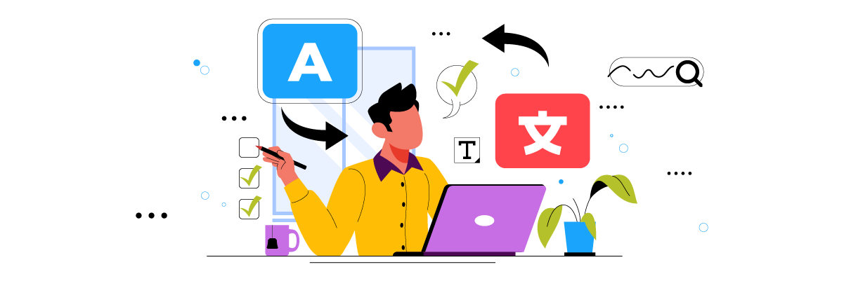 Man in yellow shirt working on purple laptop. Coding symbols floating around.