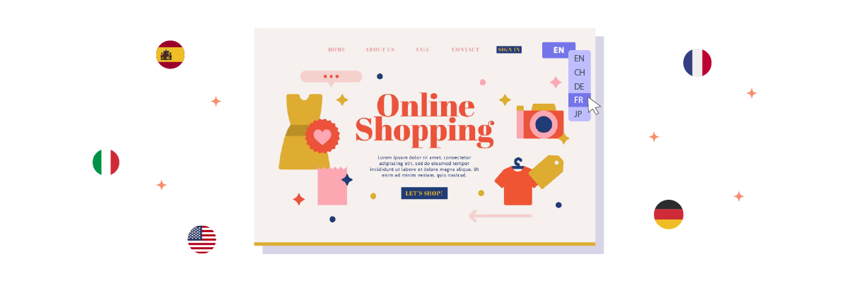 Online shopping website with flags of different countries