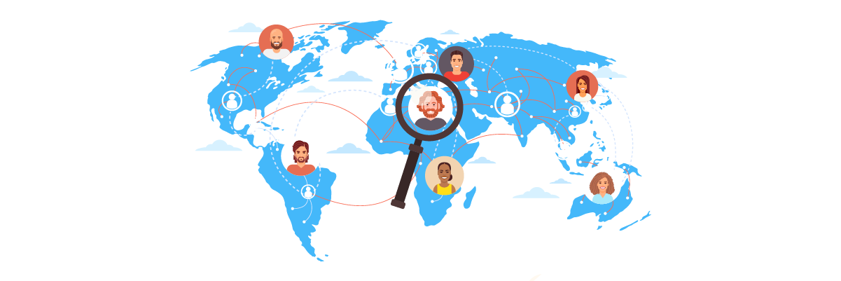 A world map with a magnifying glass zooming in on a location. The map highlights various regions.