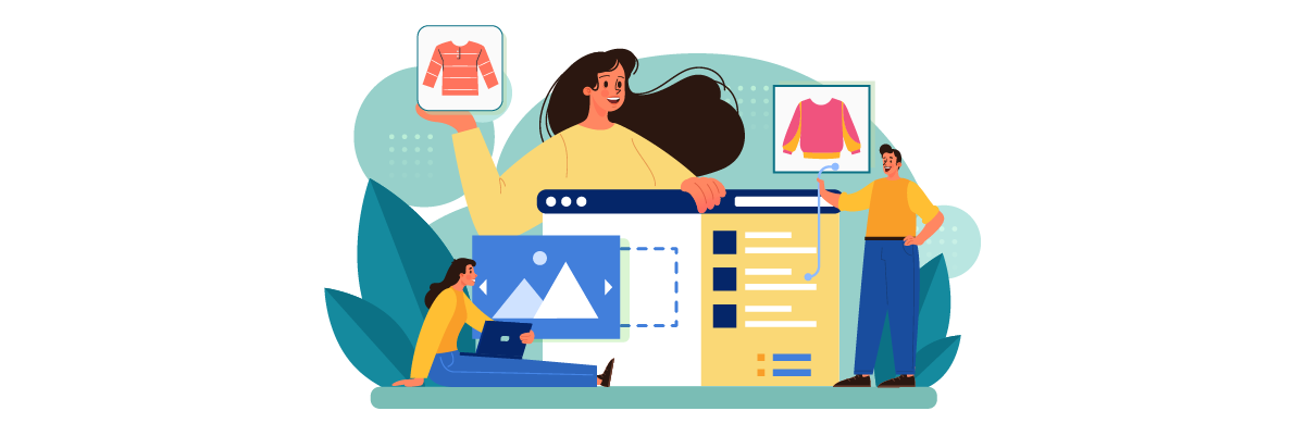 Illustration of people working on e-commerce website. Creating online store.