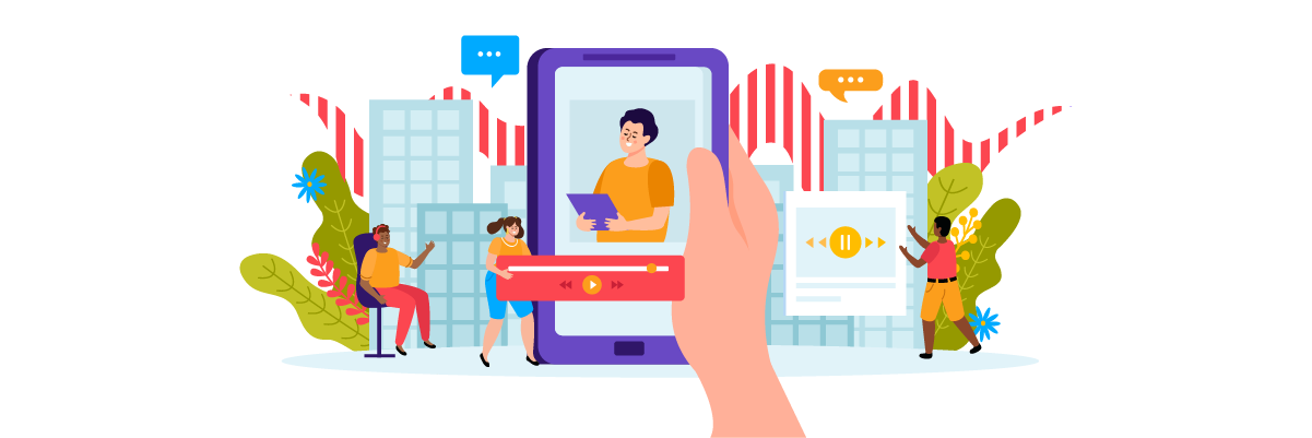online learning illustration with people, A person interacting with a large smartphone device.