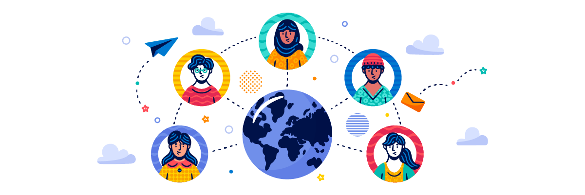 A group of people connected around the globe. Teamwork and communication concept.
