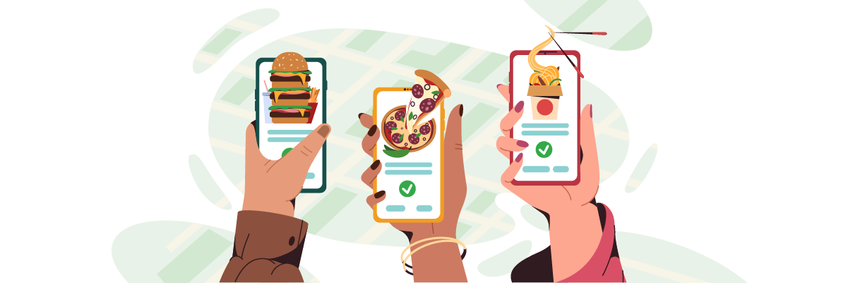 Hands holding phones showing food delivery apps. Mobile apps for food ordering.
