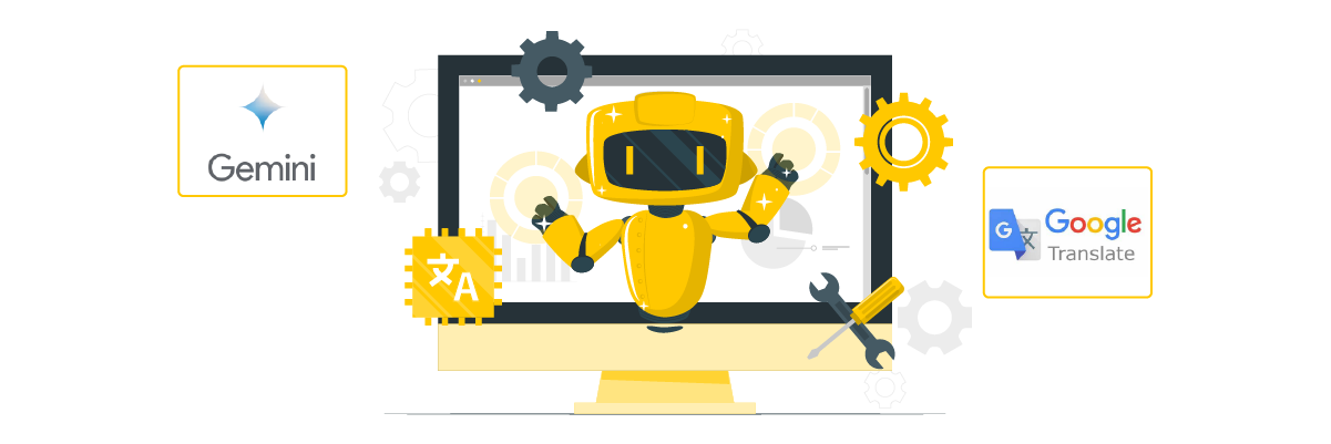 A robot on a computer screen with Gemini and Google logos.