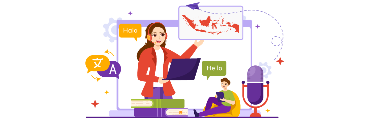 A woman in red presenting on a laptop to a man. The scene includes various visual elements.