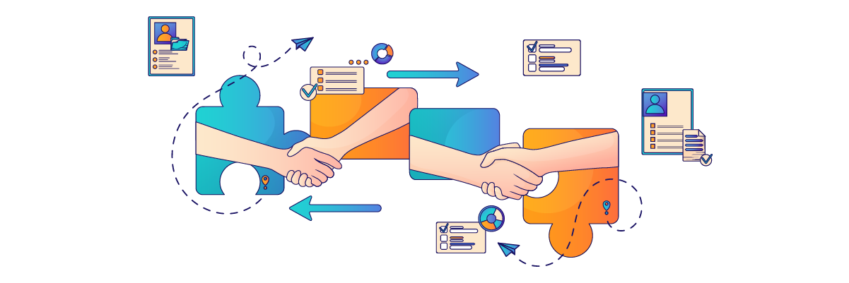 Two people shaking hands with data exchange symbols around them. Partnership and collaboration concept.